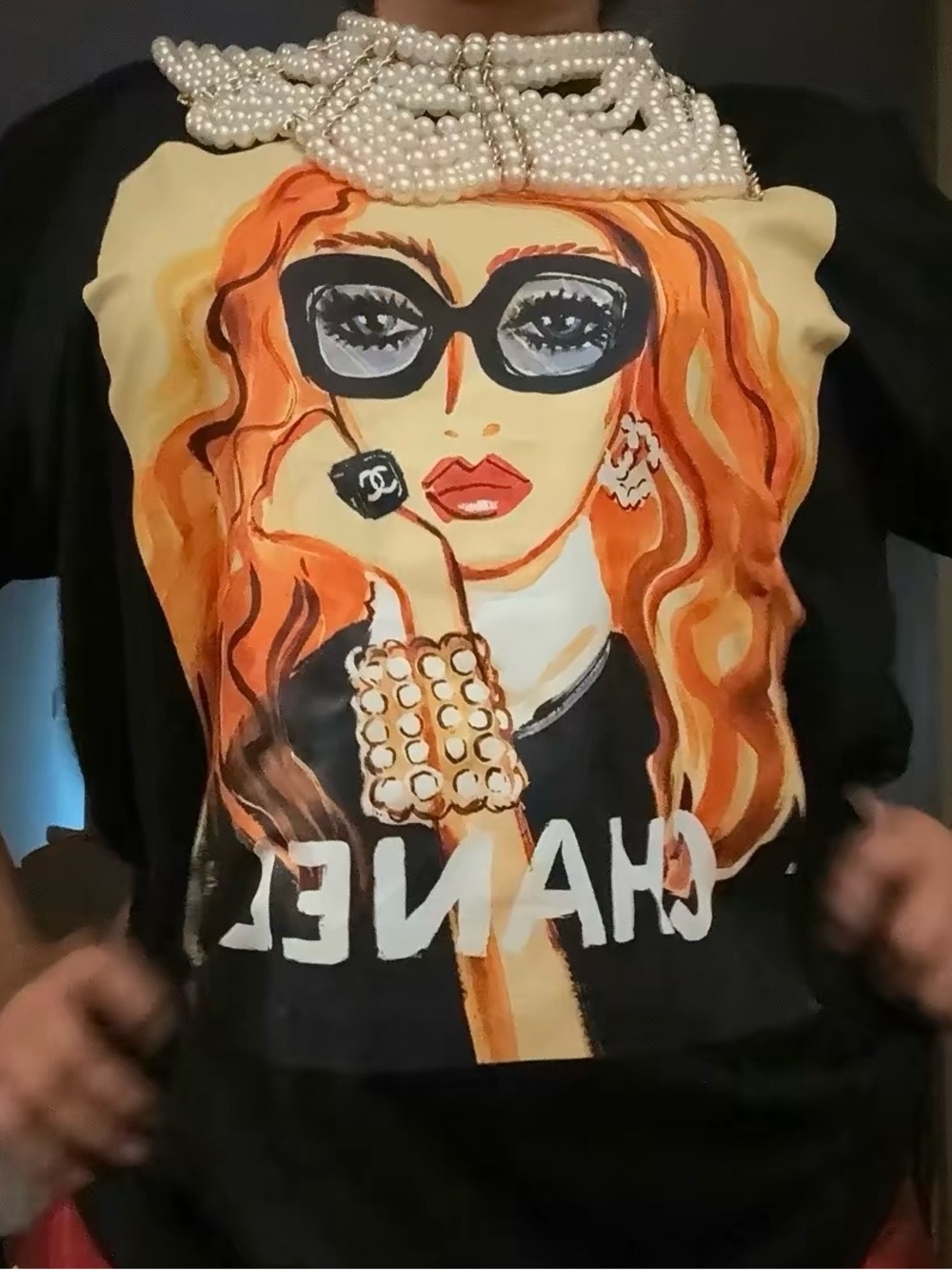 Black Shirt Graphic Women’s Top with Orange Illustration